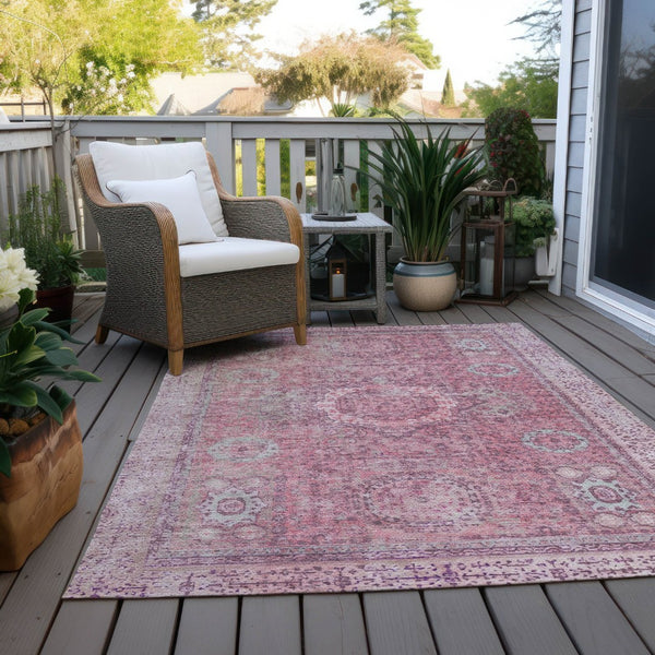 HomeRoots 5' Pink and Blush Floral Medallion Area Rug - Washable, Durable, Indoor/Outdoor, Elegant Design 619464