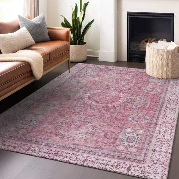 HomeRoots 5' Pink and Blush Floral Medallion Area Rug - Washable, Durable, Indoor/Outdoor, Elegant Design 619464