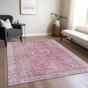 HomeRoots 5' Pink and Blush Floral Medallion Area Rug - Washable, Durable, Indoor/Outdoor, Elegant Design 619464