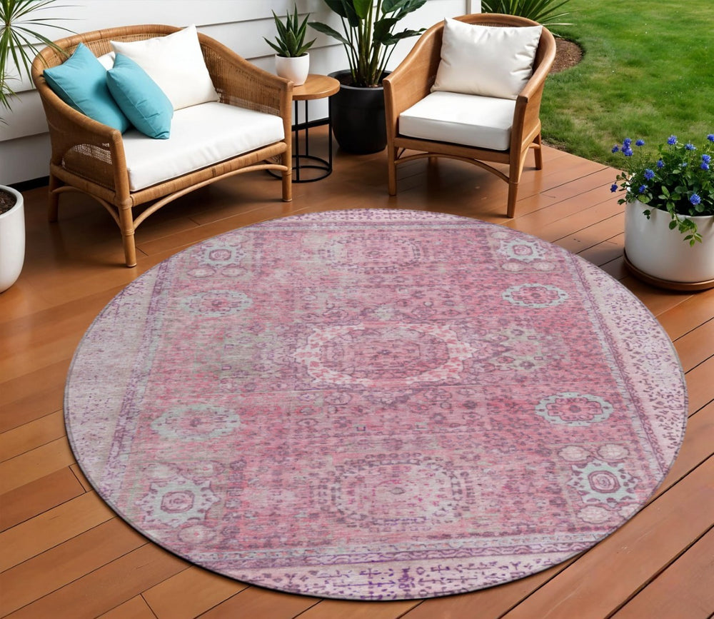 HomeRoots 8' Pink Floral Medallion Rug – Stylish Washable Area Rug for Indoor & Outdoor Spaces, Easy Care! 619465