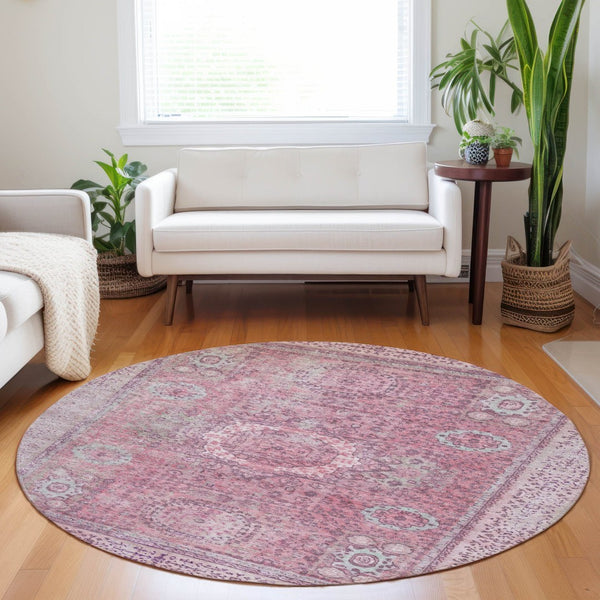 HomeRoots 8' Pink Floral Medallion Rug – Stylish Washable Area Rug for Indoor & Outdoor Spaces, Easy Care! 619465