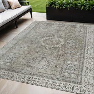 HomeRoots 5' X 8' Elegant Pewter & Silver Floral Medallion Rug - Washable, Durable for Indoor & Outdoor Use 619470