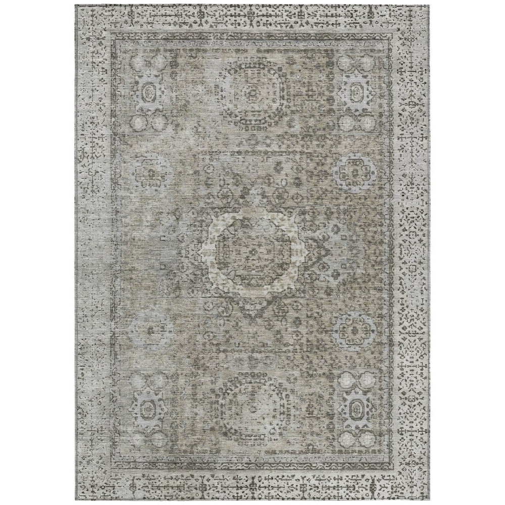 HomeRoots 5' X 8' Elegant Pewter & Silver Floral Medallion Rug - Washable, Durable for Indoor & Outdoor Use 619470