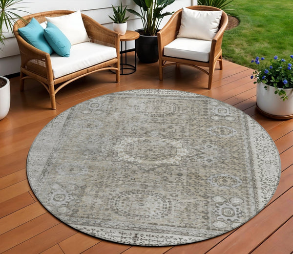 HomeRoots 8' Elegant Pewter & Silver Round Floral Medallion Area Rug - Washable & Stain-Resistant Design! 619471