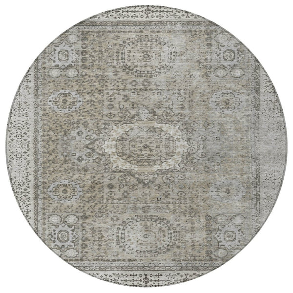 HomeRoots 8' Elegant Pewter & Silver Round Floral Medallion Area Rug - Washable & Stain-Resistant Design! 619471