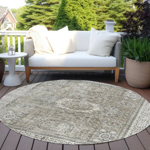 HomeRoots 8' Elegant Pewter & Silver Round Floral Medallion Area Rug - Washable & Stain-Resistant Design! 619471
