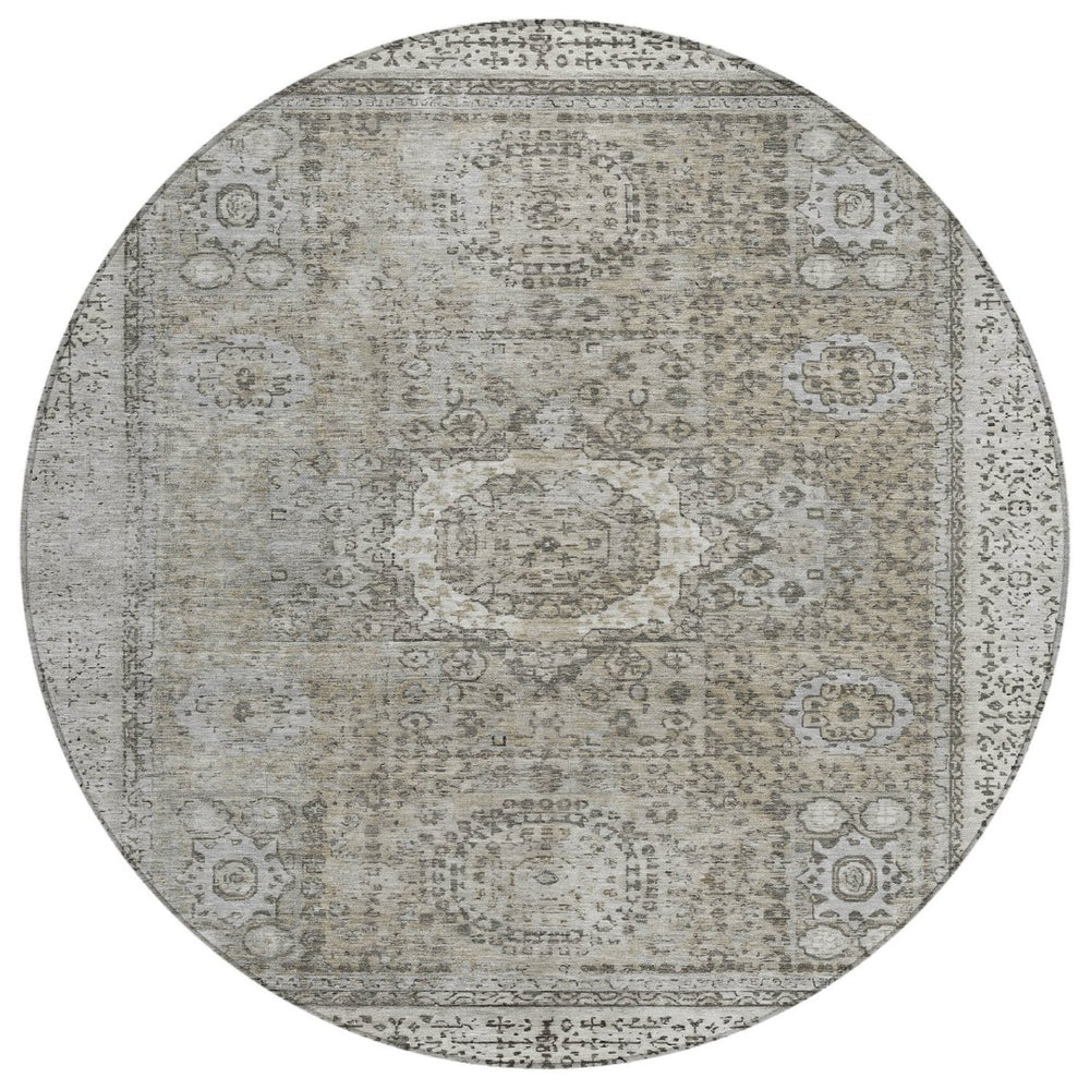 HomeRoots 8' Elegant Pewter & Silver Round Floral Medallion Area Rug - Washable & Stain-Resistant Design! 619471