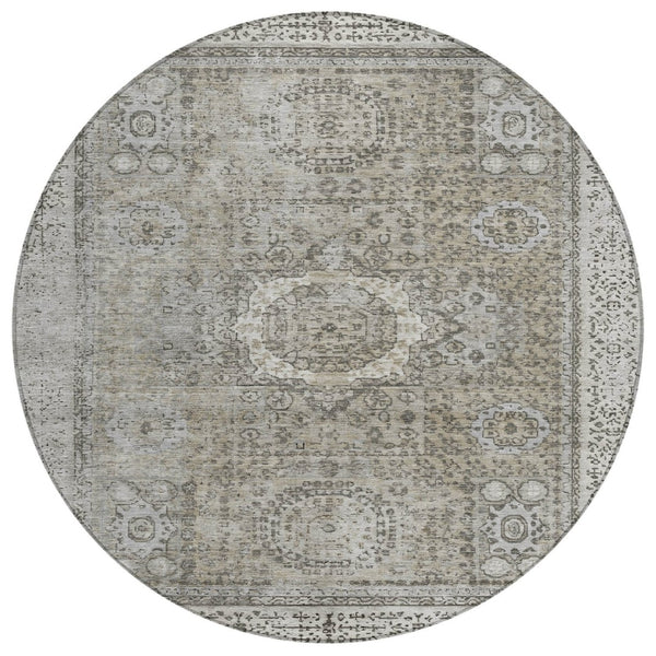HomeRoots 8' Elegant Pewter & Silver Round Floral Medallion Area Rug - Washable & Stain-Resistant Design! 619471
