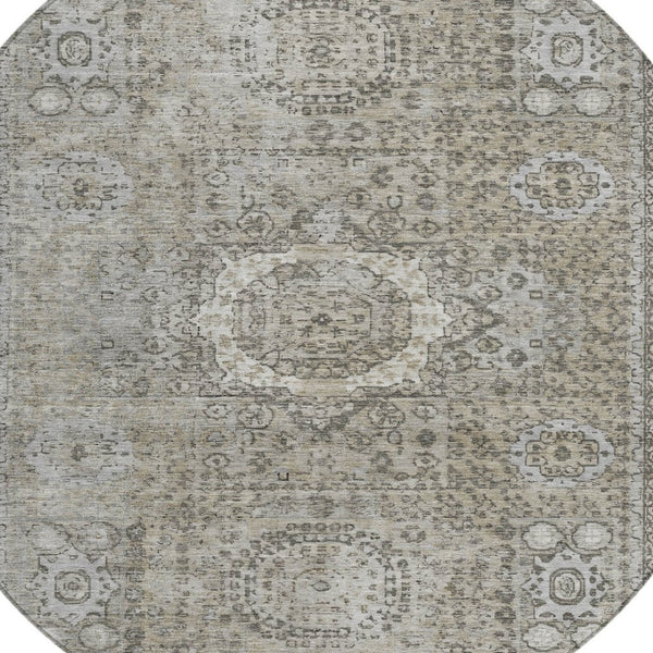 HomeRoots 8' Elegant Pewter & Silver Round Floral Medallion Area Rug - Washable & Stain-Resistant Design! 619471