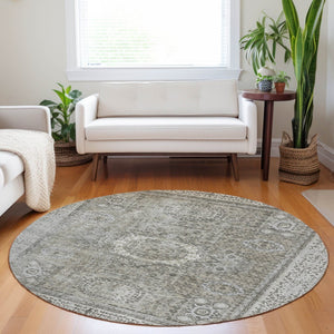 HomeRoots 8' Elegant Pewter & Silver Round Floral Medallion Area Rug - Washable & Stain-Resistant Design! 619471