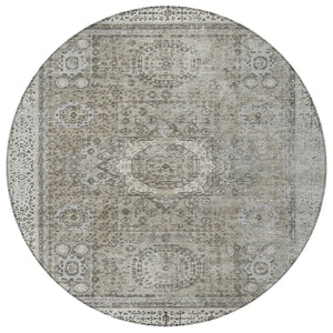 HomeRoots 8' Elegant Pewter & Silver Round Floral Medallion Area Rug - Washable & Stain-Resistant Design! 619471