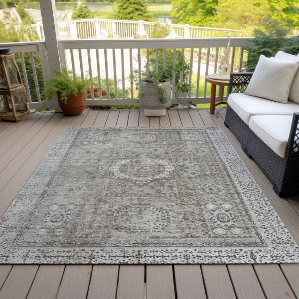 HomeRoots 8' X 10' Elegant Pewter & Silver Floral Medallion Washable Rug for Indoor & Outdoor Spaces 619472