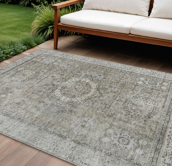 HomeRoots 10' Elegant Pewter & Silver Floral Medallion Area Rug – Washable, Durable for Indoor/Outdoor Use 619474