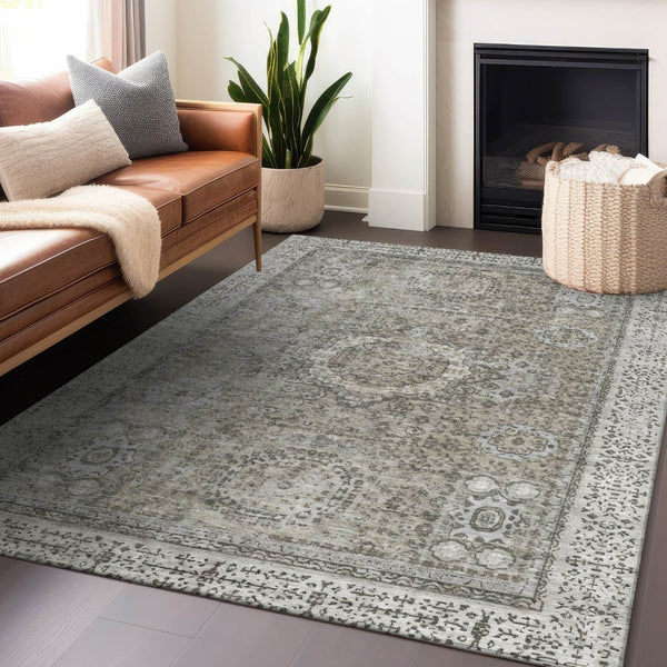 HomeRoots 10' Elegant Pewter & Silver Floral Medallion Area Rug – Washable, Durable for Indoor/Outdoor Use 619474