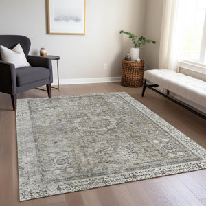 HomeRoots 10' Elegant Pewter & Silver Floral Medallion Area Rug – Washable, Durable for Indoor/Outdoor Use 619474