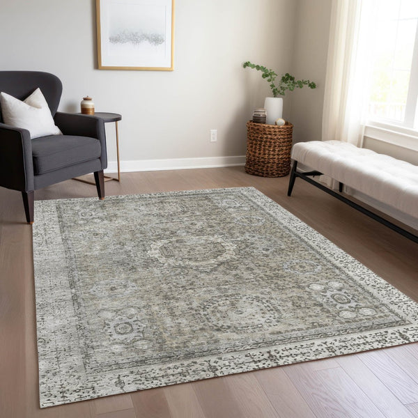 HomeRoots 10' Elegant Pewter & Silver Floral Medallion Area Rug – Washable, Durable for Indoor/Outdoor Use 619474