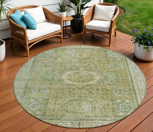HomeRoots 8' Sage and Fern Green Round Floral Medallion Rug - Durable, Washable, Indoor-Outdoor Design Perfect for Any Space 619477
