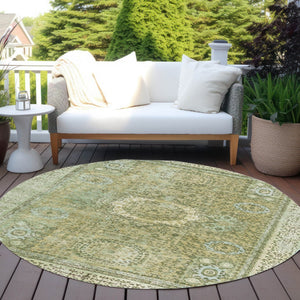 HomeRoots 8' Sage and Fern Green Round Floral Medallion Rug - Durable, Washable, Indoor-Outdoor Design Perfect for Any Space 619477