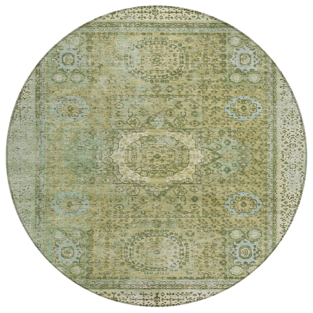 HomeRoots 8' Sage and Fern Green Round Floral Medallion Rug - Durable, Washable, Indoor-Outdoor Design Perfect for Any Space 619477