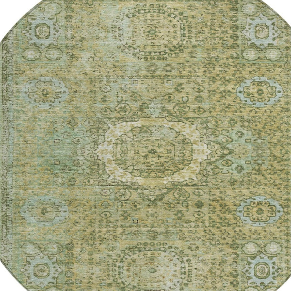 HomeRoots 8' Sage and Fern Green Round Floral Medallion Rug - Durable, Washable, Indoor-Outdoor Design Perfect for Any Space 619477