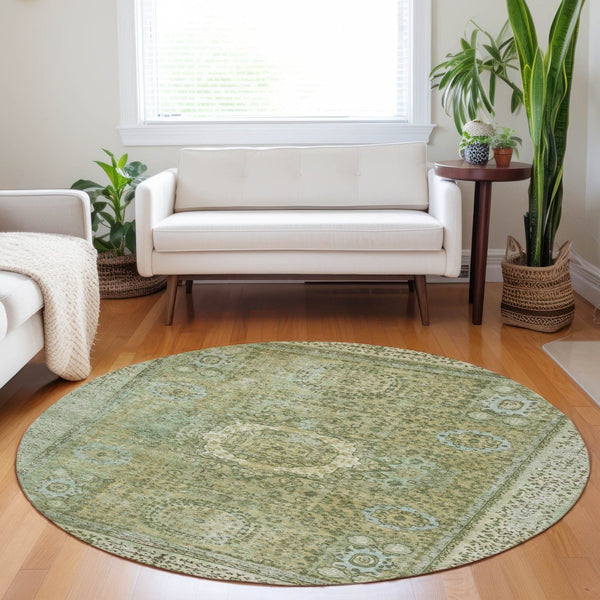 HomeRoots 8' Sage and Fern Green Round Floral Medallion Rug - Durable, Washable, Indoor-Outdoor Design Perfect for Any Space 619477