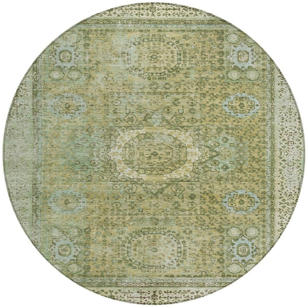 HomeRoots 8' Sage and Fern Green Round Floral Medallion Rug - Durable, Washable, Indoor-Outdoor Design Perfect for Any Space 619477