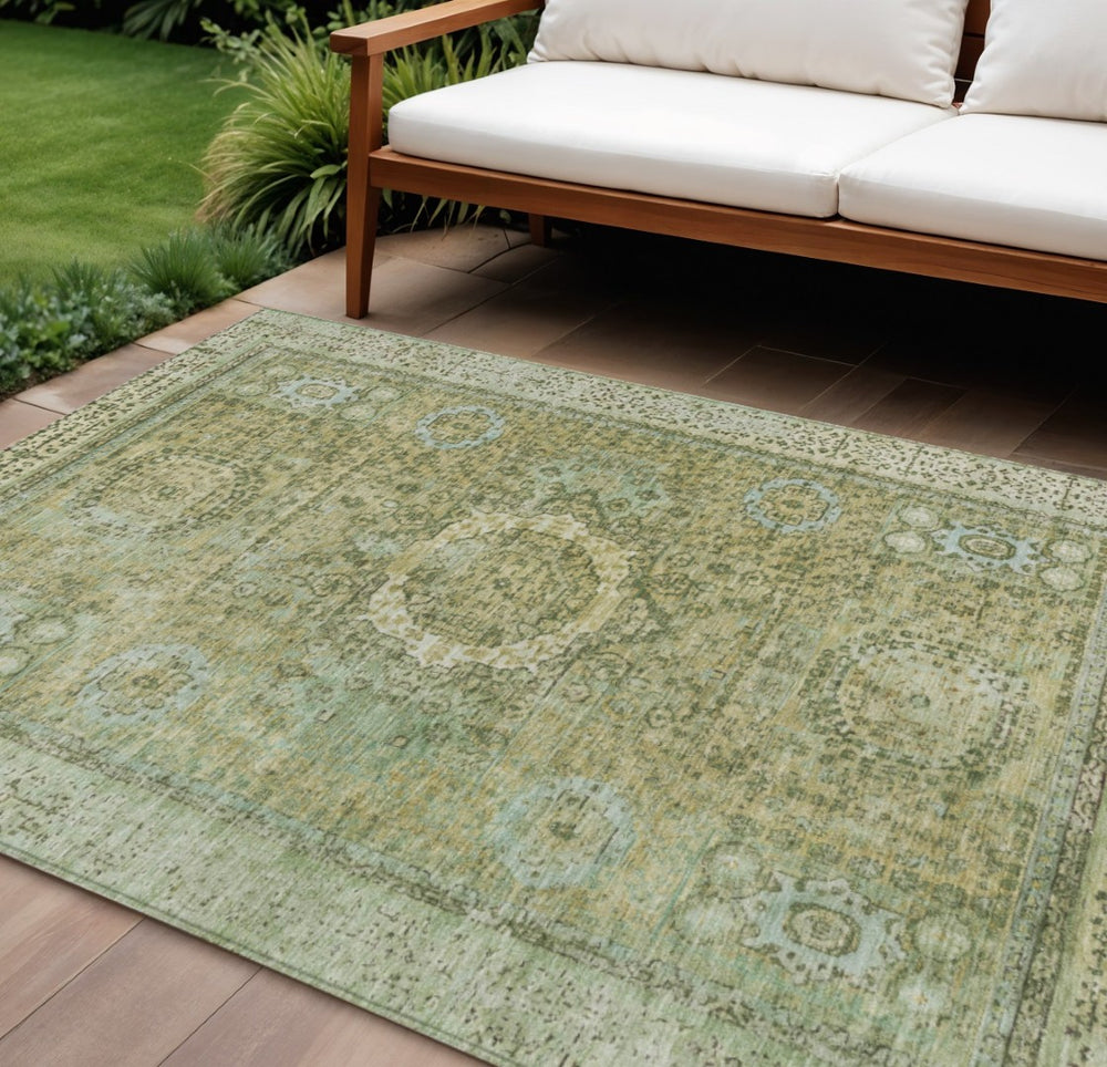 HomeRoots 10' X 14' Sage and Fern Green Floral Medallion Rug - Washable, Durable, Perfect for Indoor & Outdoor Use! 619480