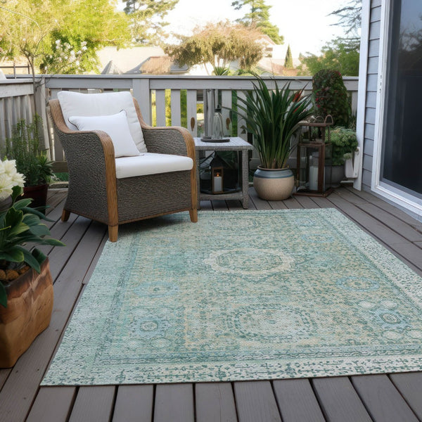 HomeRoots 5' X 8' Vibrant Turquoise & Beige Floral Medallion Rug - Washable, Durable for Indoor & Outdoor Use 619482