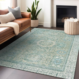 HomeRoots 5' X 8' Vibrant Turquoise & Beige Floral Medallion Rug - Washable, Durable for Indoor & Outdoor Use 619482