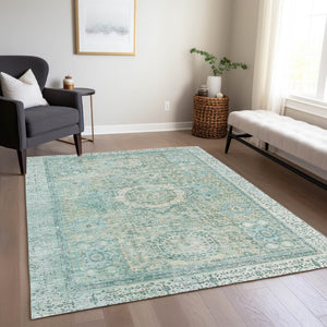 HomeRoots 5' X 8' Vibrant Turquoise & Beige Floral Medallion Rug - Washable, Durable for Indoor & Outdoor Use 619482