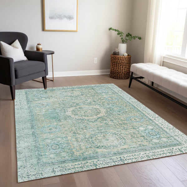 HomeRoots 5' X 8' Vibrant Turquoise & Beige Floral Medallion Rug - Washable, Durable for Indoor & Outdoor Use 619482