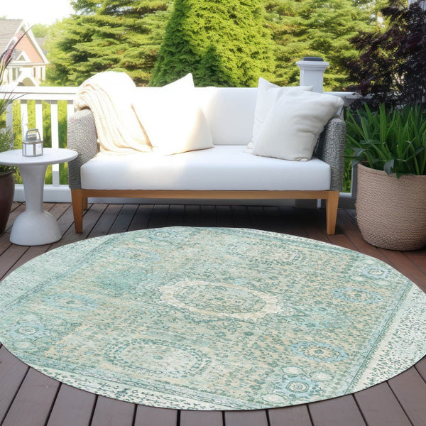 HomeRoots 8' Turquoise & Beige Round Floral Medallion Rug - Stylish, Washable, Durable for Indoor/Outdoor Use 619483