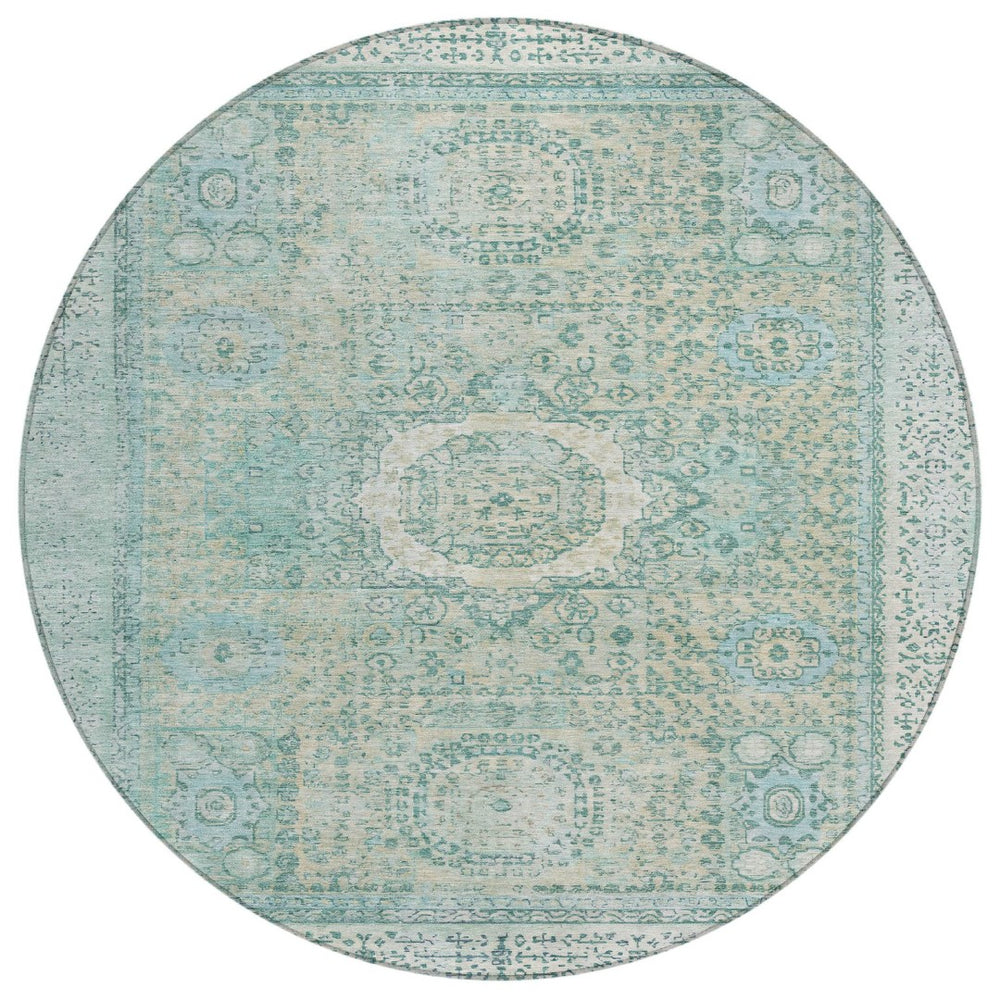 HomeRoots 8' Turquoise & Beige Round Floral Medallion Rug - Stylish, Washable, Durable for Indoor/Outdoor Use 619483
