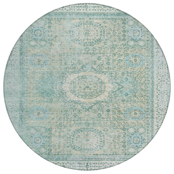 HomeRoots 8' Turquoise & Beige Round Floral Medallion Rug - Stylish, Washable, Durable for Indoor/Outdoor Use 619483