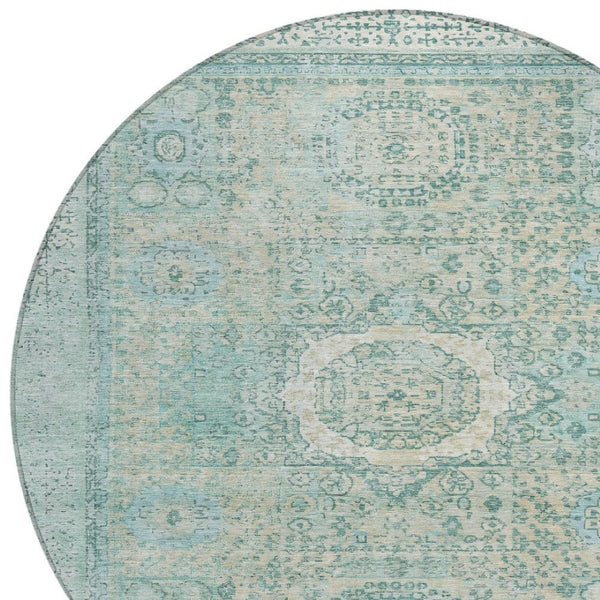 HomeRoots 8' Turquoise & Beige Round Floral Medallion Rug - Stylish, Washable, Durable for Indoor/Outdoor Use 619483