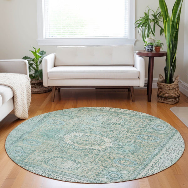 HomeRoots 8' Turquoise & Beige Round Floral Medallion Rug - Stylish, Washable, Durable for Indoor/Outdoor Use 619483