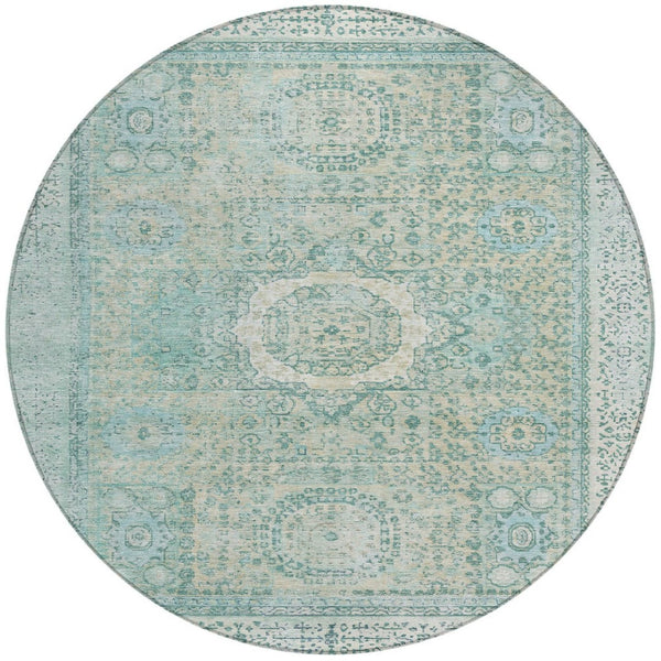 HomeRoots 8' Turquoise & Beige Round Floral Medallion Rug - Stylish, Washable, Durable for Indoor/Outdoor Use 619483