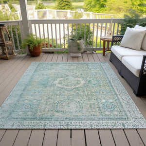 HomeRoots 9' Turquoise & Beige Floral Medallion Washable Area Rug - Indoor/Outdoor, Durable & Stylish Decor Upgrade 619485
