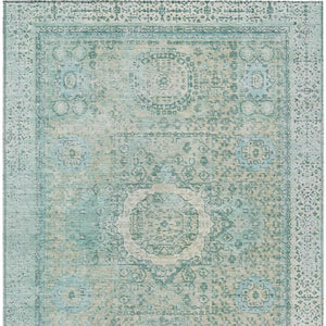 HomeRoots 10' Turquoise and Beige Floral Medallion Area Rug - Washable, Durable, Indoor/Outdoor Design for High-Traffic Use 619486