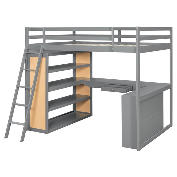 English Elm Full Size Loft Bed with Desk Shelves Writeable Board Pine Frame Gray Finish LT100226AAE-1