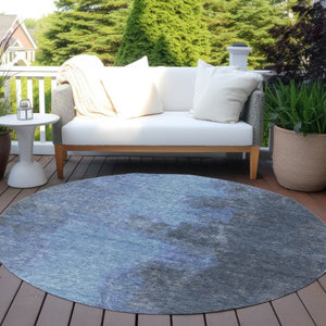 HomeRoots 8' Navy Blue & Gray Round Abstract Area Rug - Modern Washable Design for Indoor & Outdoor Spaces 619531
