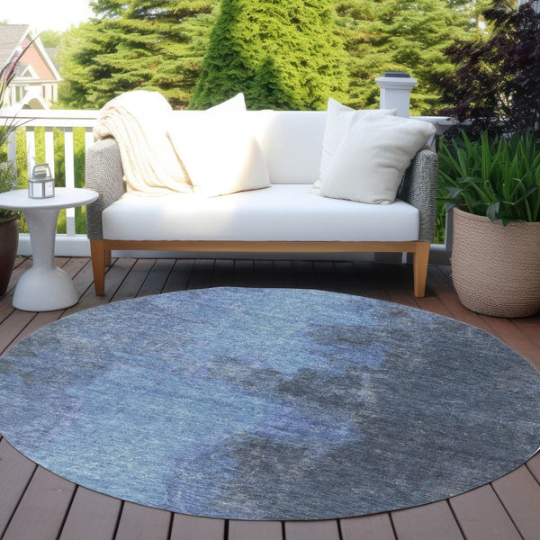 HomeRoots 8' Navy Blue & Gray Round Abstract Area Rug - Modern Washable Design for Indoor & Outdoor Spaces 619531
