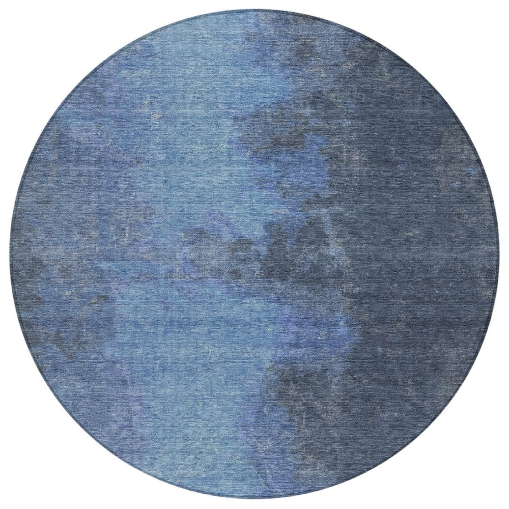 HomeRoots 8' Navy Blue & Gray Round Abstract Area Rug - Modern Washable Design for Indoor & Outdoor Spaces 619531