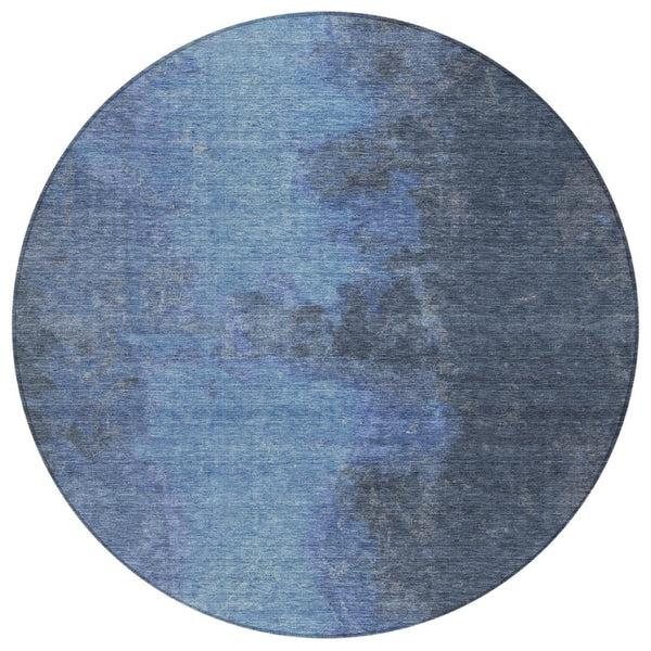 HomeRoots 8' Navy Blue & Gray Round Abstract Area Rug - Modern Washable Design for Indoor & Outdoor Spaces 619531