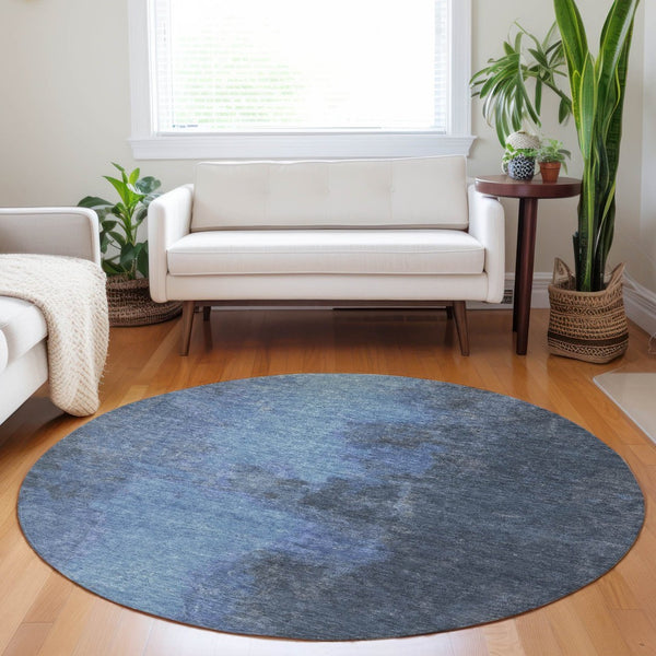 HomeRoots 8' Navy Blue & Gray Round Abstract Area Rug - Modern Washable Design for Indoor & Outdoor Spaces 619531