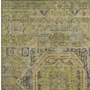 HomeRoots 5' Indoor Outdoor Medallion Area Rug in Artichoke Green & Blue - Washable, Durable & Versatile Decor 619536