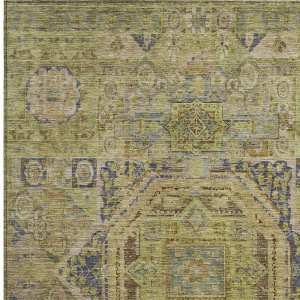 HomeRoots 5' Indoor Outdoor Medallion Area Rug in Artichoke Green & Blue - Washable, Durable & Versatile Decor 619536