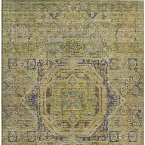 HomeRoots 5' Indoor Outdoor Medallion Area Rug in Artichoke Green & Blue - Washable, Durable & Versatile Decor 619536