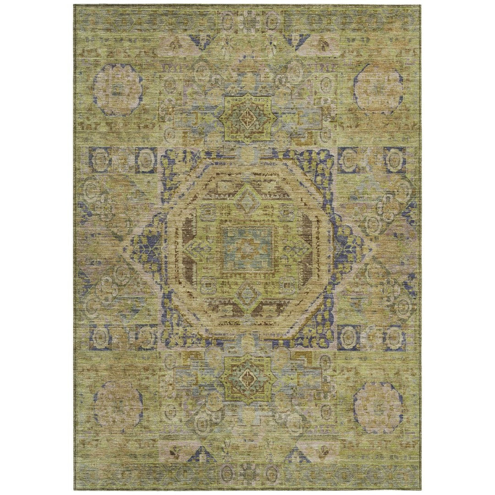 HomeRoots 5' Indoor Outdoor Medallion Area Rug in Artichoke Green & Blue - Washable, Durable & Versatile Decor 619536