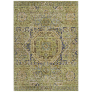 HomeRoots 5' Indoor Outdoor Medallion Area Rug in Artichoke Green & Blue - Washable, Durable & Versatile Decor 619536